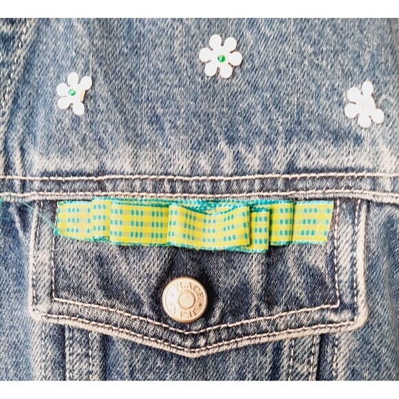 Upcycled Jean Denim Hawaiian Jacket Flowers Sequin Beads Ribbon Girls Size 7/8 M - Picture 5 of 5